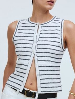 Madewell White and Black Striped Sleeveless Cardigan